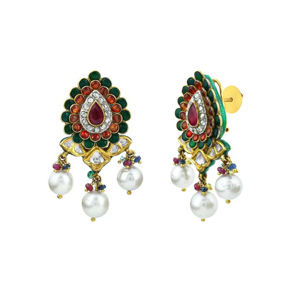 Teardrop Earrings with Polki, Gemstone Talaf, and Pearl Drops